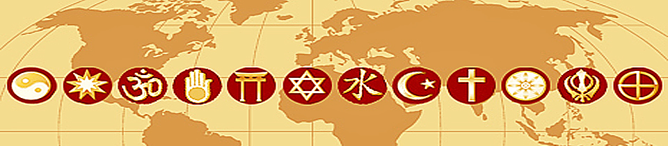 Image with several religious logos over a map of the Earth