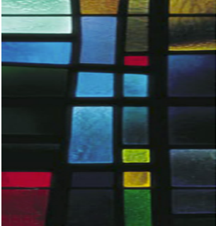 Close up of stained glass, fused in square shapes