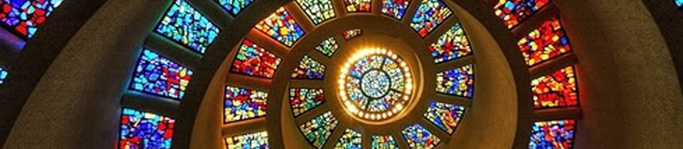Photo of a spiral ceiling with stained glass