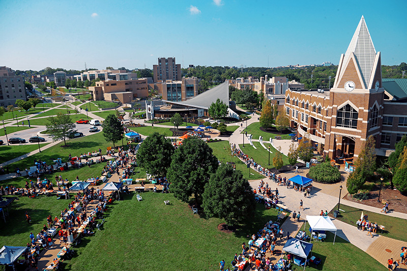 An aerial view of Xavier's campus on Club Day. Students across the yard have booths set up to showcase their clubs and welcome new members.
