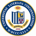 The seal of Xavier University: A Circle with yellow, white and blue colors. Text reads: Universitas Xaveriana Cincinnatensis M-DCC-XX-I