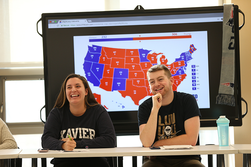 Two students in classroom. Behind them is a map of the United states, with states filled in with blue or red colors.
