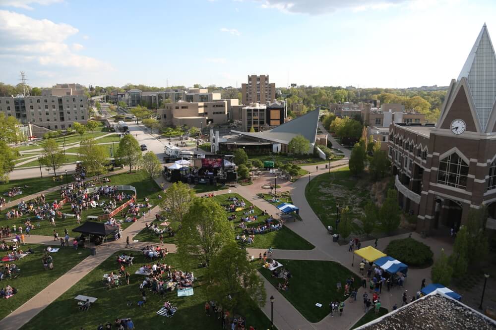 Bird's-eye view of Xavier's campus by the Gallagher Student Center