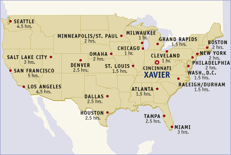 Map of the United States showing major cities and their flight time from Cincinnati