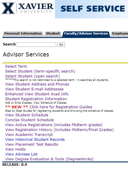 screenshot of advisor services menu