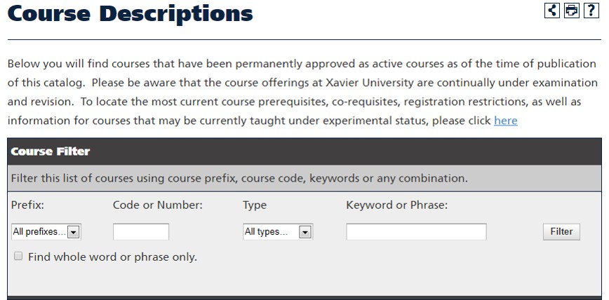 Screenshot of course filter in course catalog 
