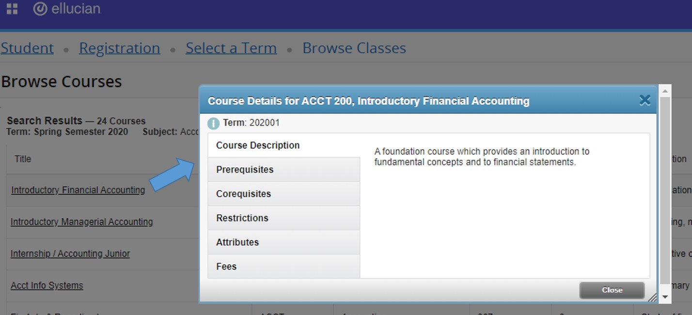 screenshot of searching Self-service Banner for course descriptions