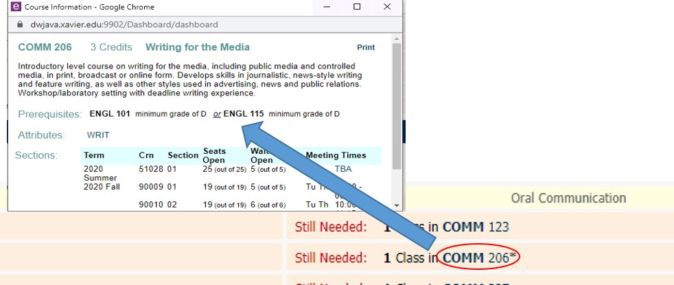 Screenshot of viewing course descriptions and pre-requisites on DegreeWorks