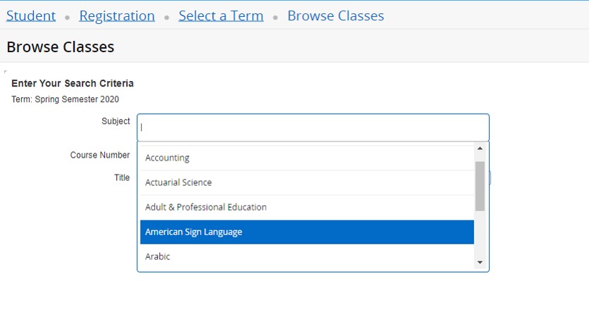 screenshot that shows select subject menu