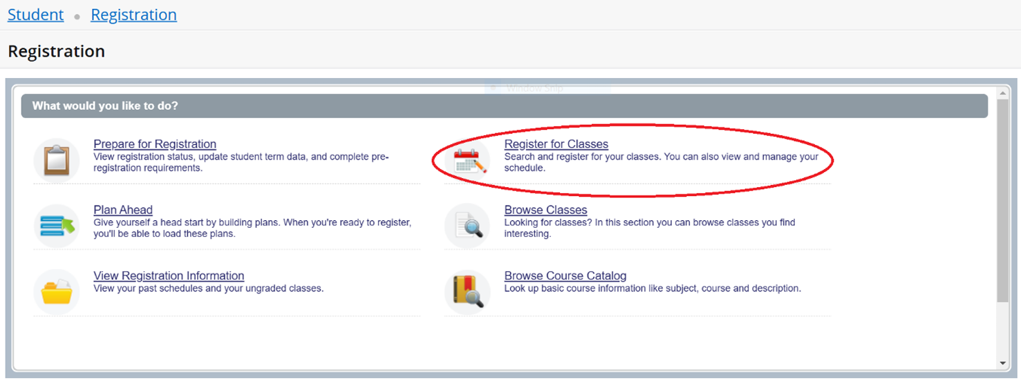 Screenshot of Registration page with Register for Classes circled