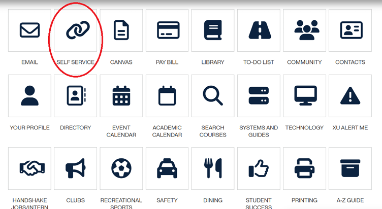 Screenshot of Self-Service link selected in student hub