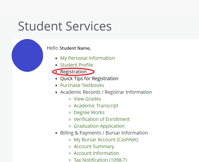 Screenshot of Student Self Service with Registration link selected