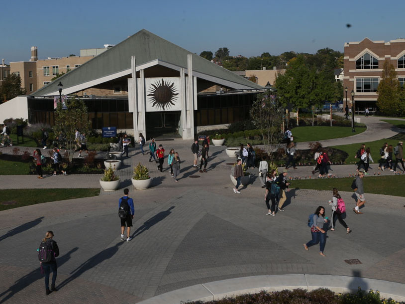 Students making their way to class in front of Ballermine Chapel.