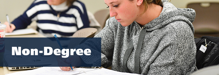 Two students sitting at desks and writing in notebooks. Text reads: Non-Degree