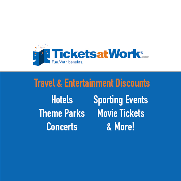 Tickets at Work logo with discounts listed- hotels, sporting events, theme parks, movie tickets and concerts