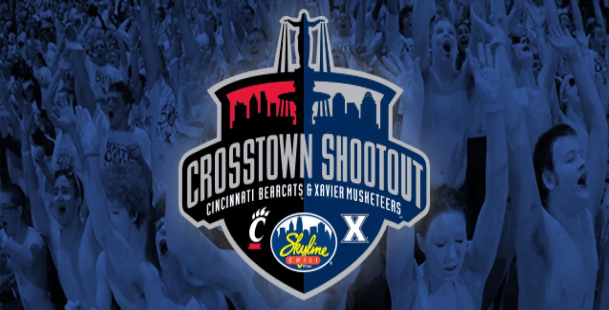 Skyline Chili Crosstown Shootout logo overlaying an image of Xavier's student section. 