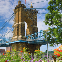 Roebling bridge in Cincinnati on a sunny spring day