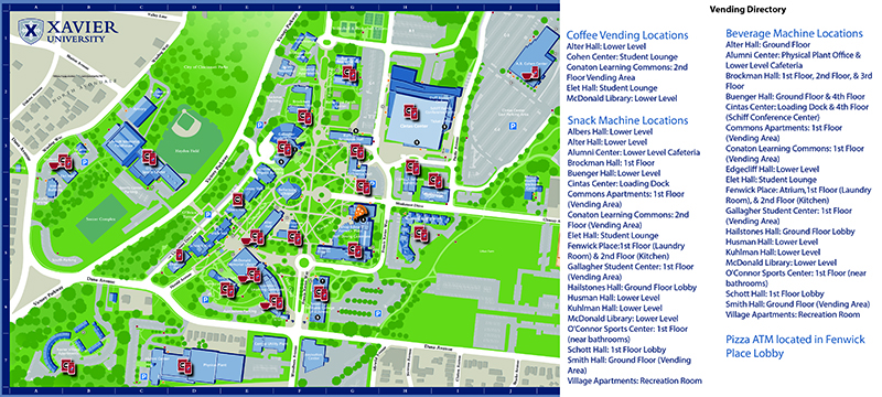 Campus map with X Cash deposit locations and ATM locations.