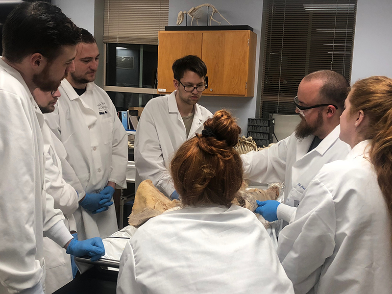 Six students wearing white lab coats gathered around a lab bench watching their instructor demonstrate something on the bench.