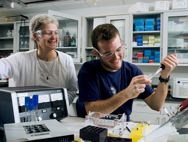 Biology majors examining a model of the nervous system with a faculty member