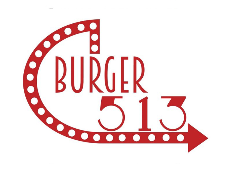 Burger 513 logo. Logo text reads Burger 513 with illustrated marquee lights surrounding the text. Text is red.