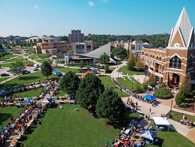 an aerial view of the courtyard outside gallagher student center