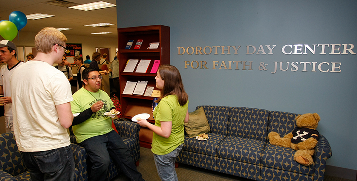 Students talking with each other in the Dorothy Day Center for Faith and Jusice