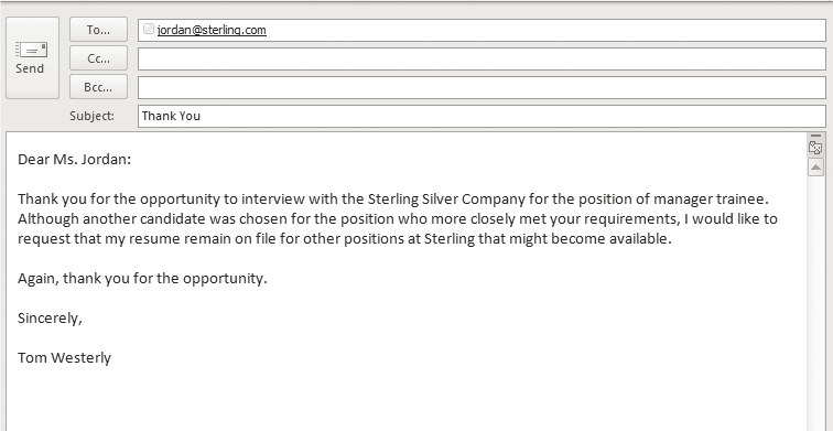 Image is of an example email thanking the potential employeer for their consideration.