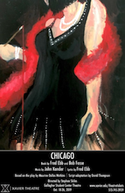 A photo of a painting of a woman wearing a black dress in a flapper style. She has a red boa around her shoulders and is wearing a double strand pearl necklace.