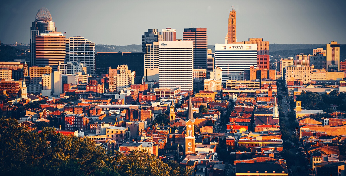 View of Cincinnati's downtown and OTR with afternoon sun on the red brick