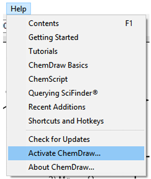 Screenshot of Chemdraw help tab with activate Chemdraw highlighted