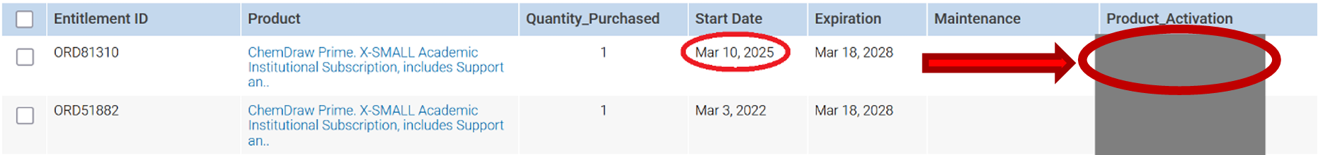 Screenshot of Chemdraw start date and product activation