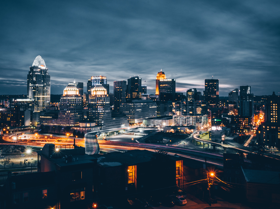 A long-exposure shot of an aerial view of downtown Cincinnati at night