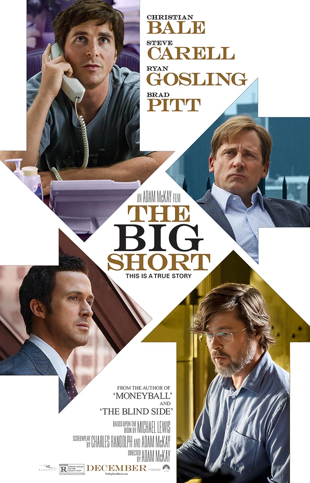 The Big Short Movie Poster featuring Christian Bale, Steve Carell, Ryan Gosling and Brad Pit