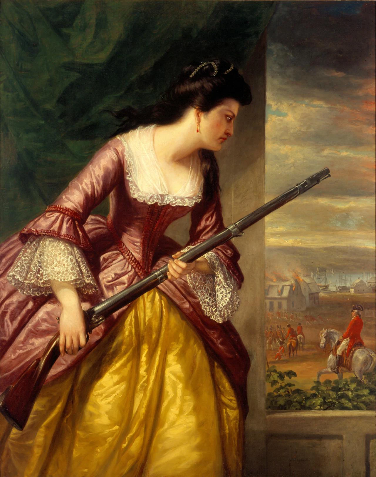 Portrait of Abigail Dolbeare Hinman, a woman holding a firearm looking out a window 