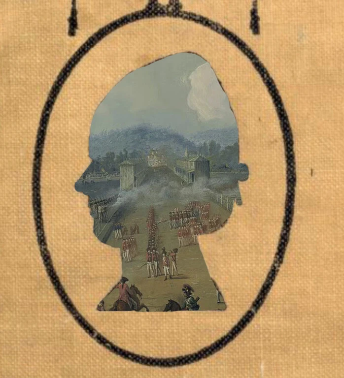 Cutout of Sally Wister. There is a painting of the British casualties in Germantown in the background.