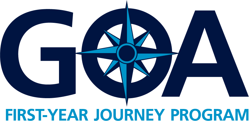 Graphic with text: GOA, First-Year Journey Program. Text is written in navy blue with a white background. There is a compass overlaying the O in GOA.