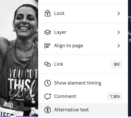Right click on an image in Canva and choose "alternative text"