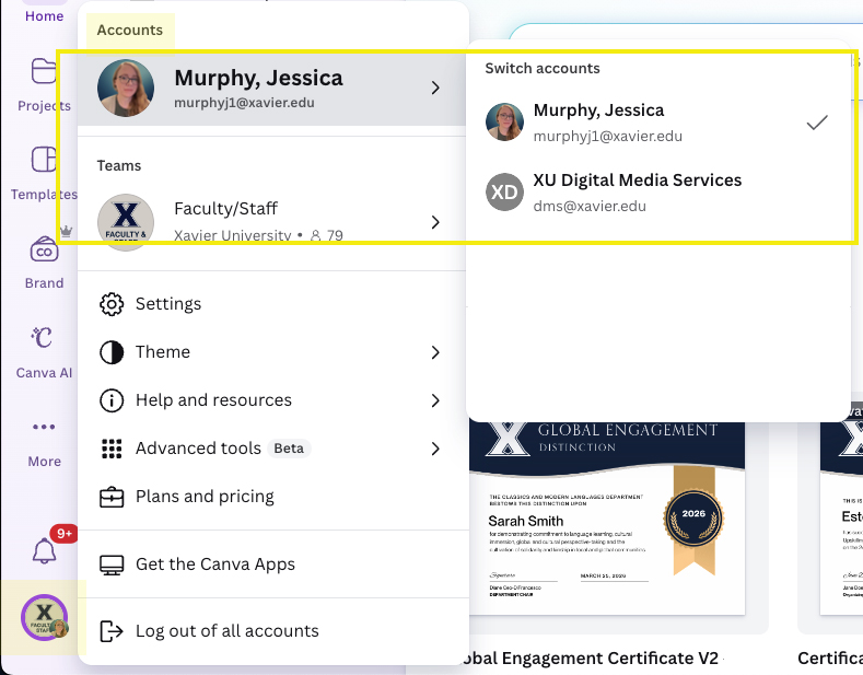 Canva screenshot showing how to switch accounts in Canva