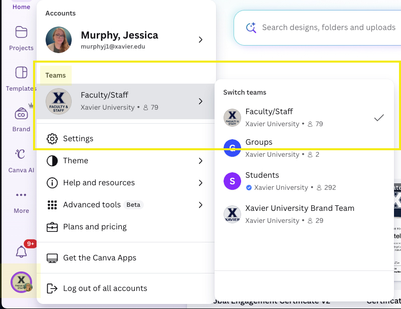 Screenshot of Canva showing how to switch Teams