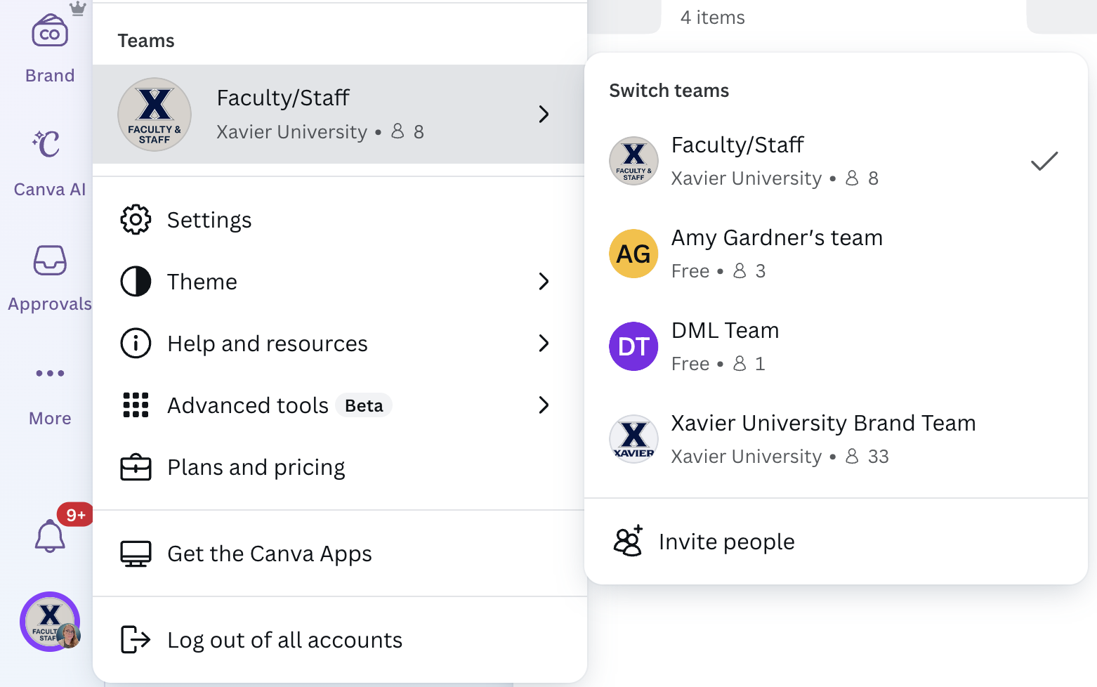Click on the icon in the bottom left and then go to Teams to switch between Teams in Canva.