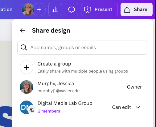 Screenshot of Canva and the share button. The image shows the share button and a group that the person is sharing with (Digital Media Lab).