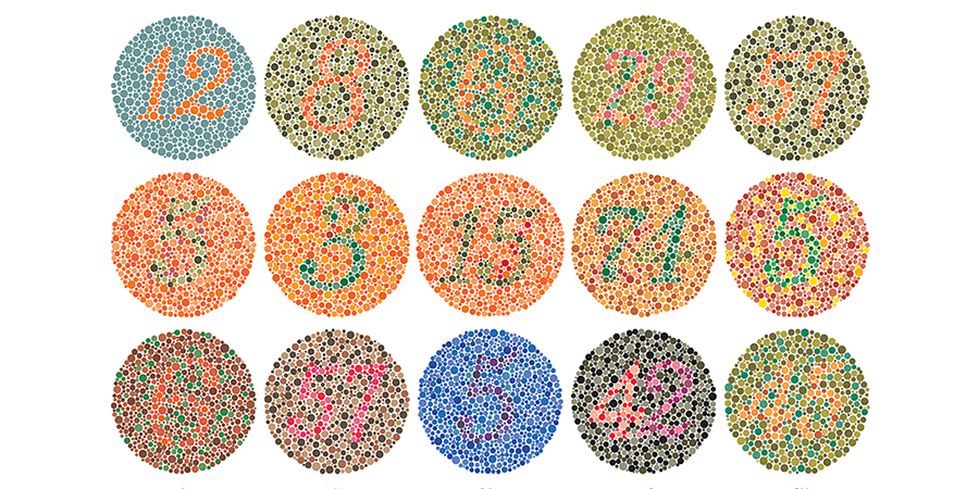 Fifteen Ishihara color vision test circles arranged in a grid, each made of colored dots forming numbers such as 12, 8, 29, and 57