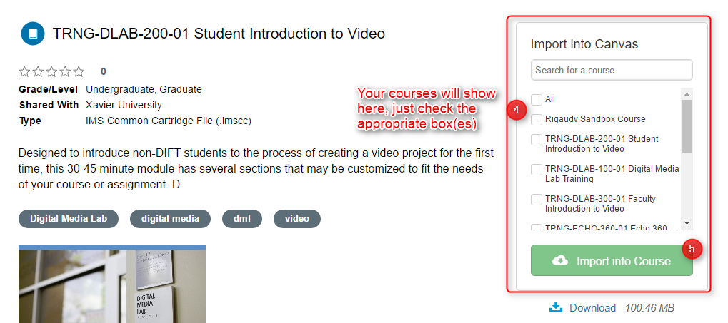 Import the course by checking the appropriate boxes