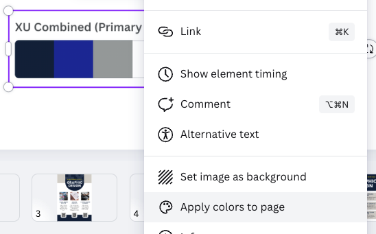 Right-clicking on the color palate image pulls up the menu with the option to apply colors to the page