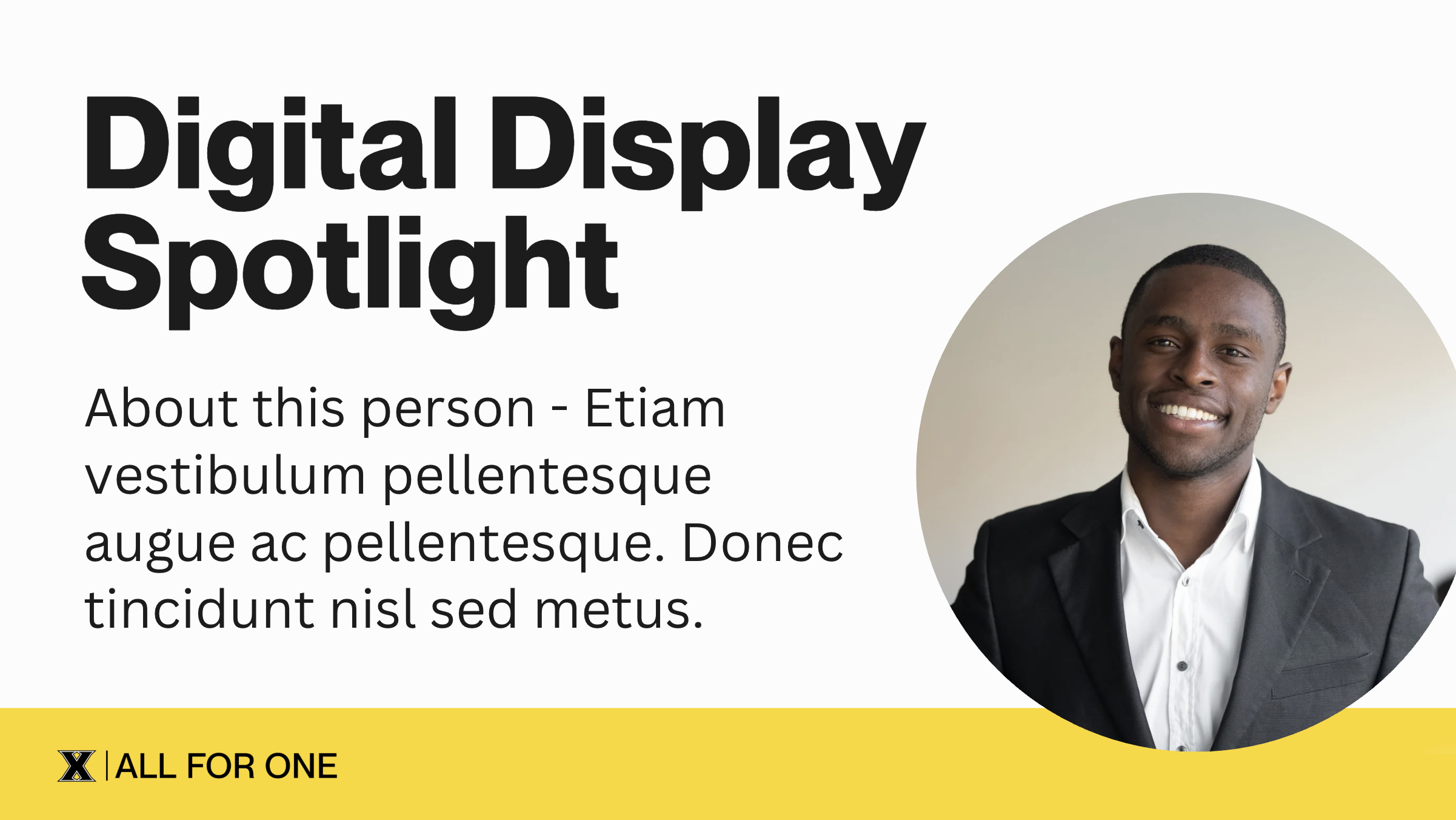 Digital display template C with Navy text on left and a circle for an image on the left