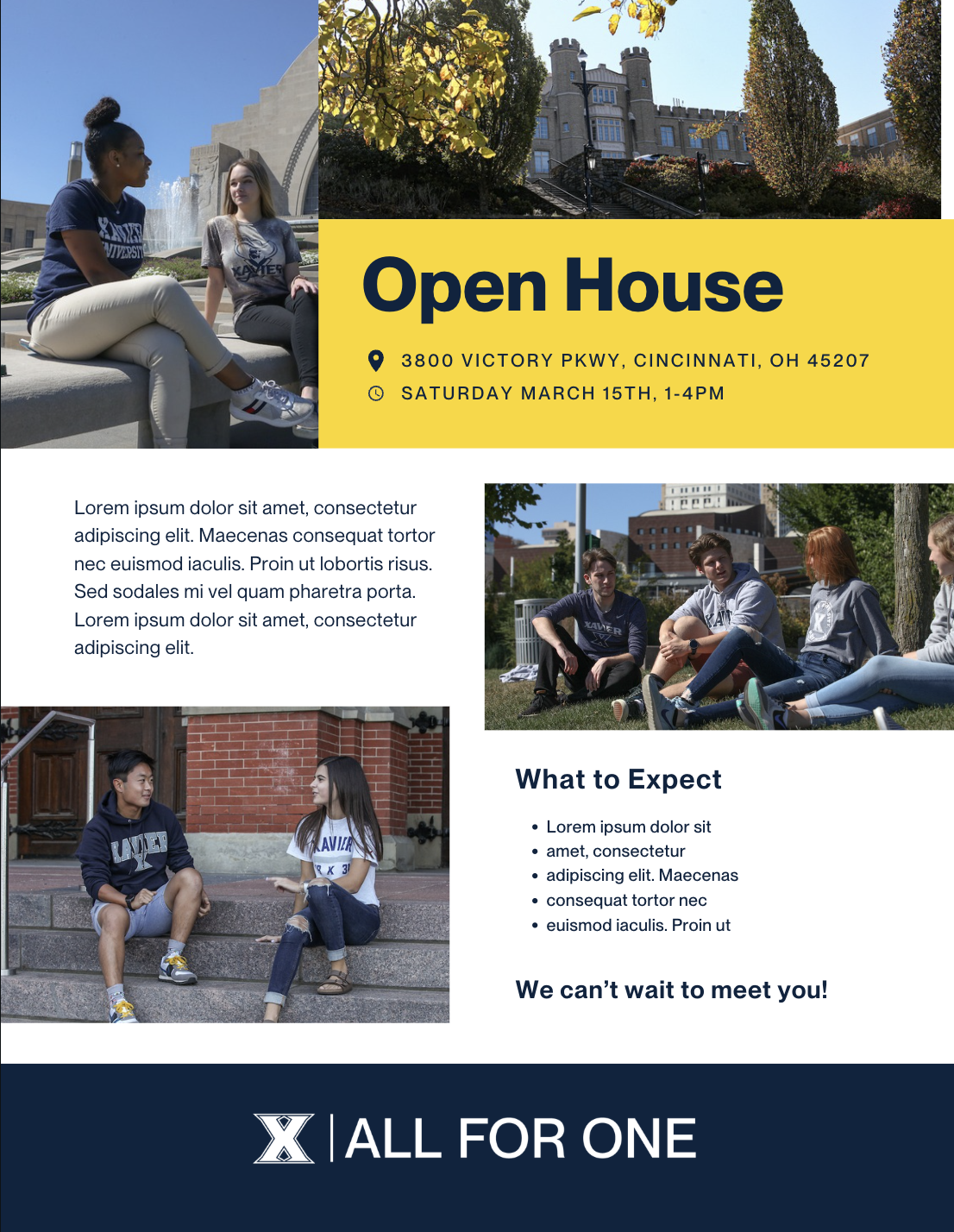 Flyer template A with images at top and images on right on left side with three textboxes alternating right then left