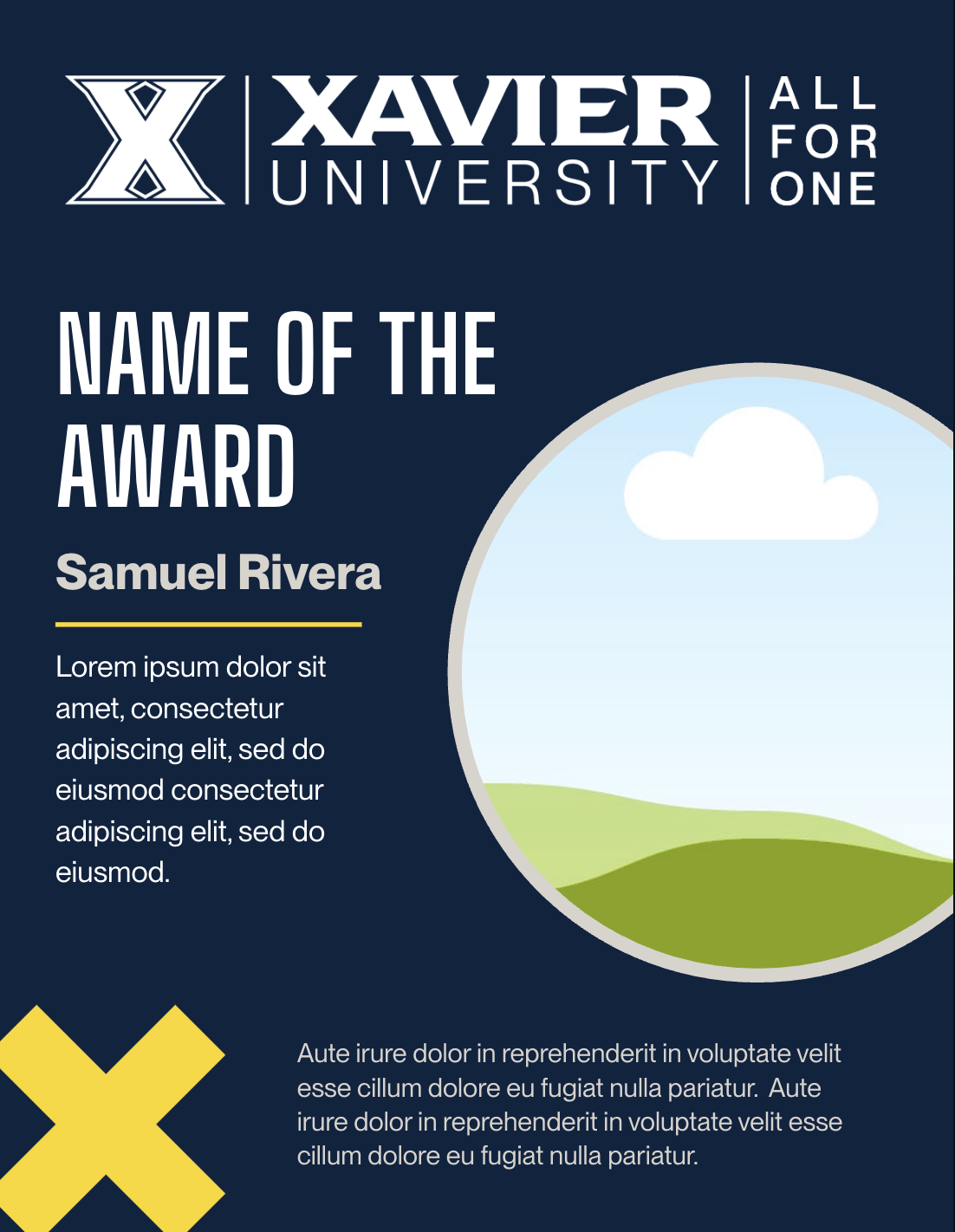 Flyer template C has a navy background with a Xavier logo at the top and a circle on the right side to add an image