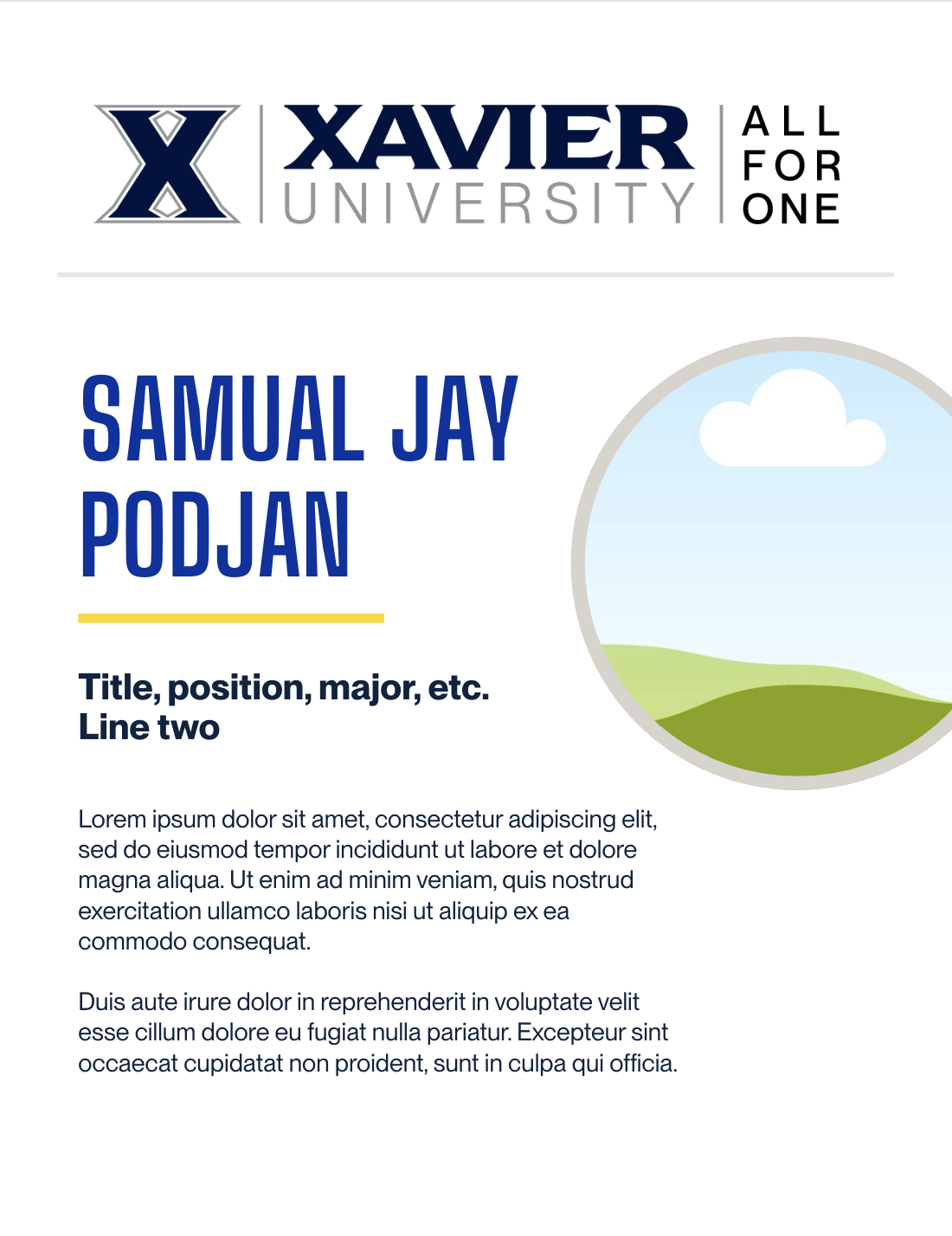 Flyer template D has a Xavier logo across the top and a smaller circle on the right to add an image