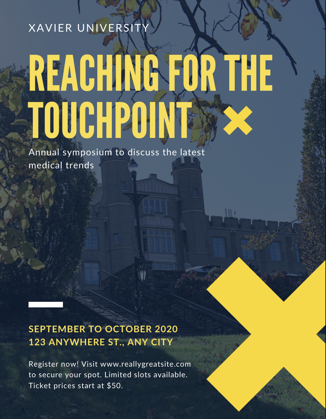 Flyer template E has a background that's an angled view of the Hinkle Hall entrance with a textbox with a big font towards top